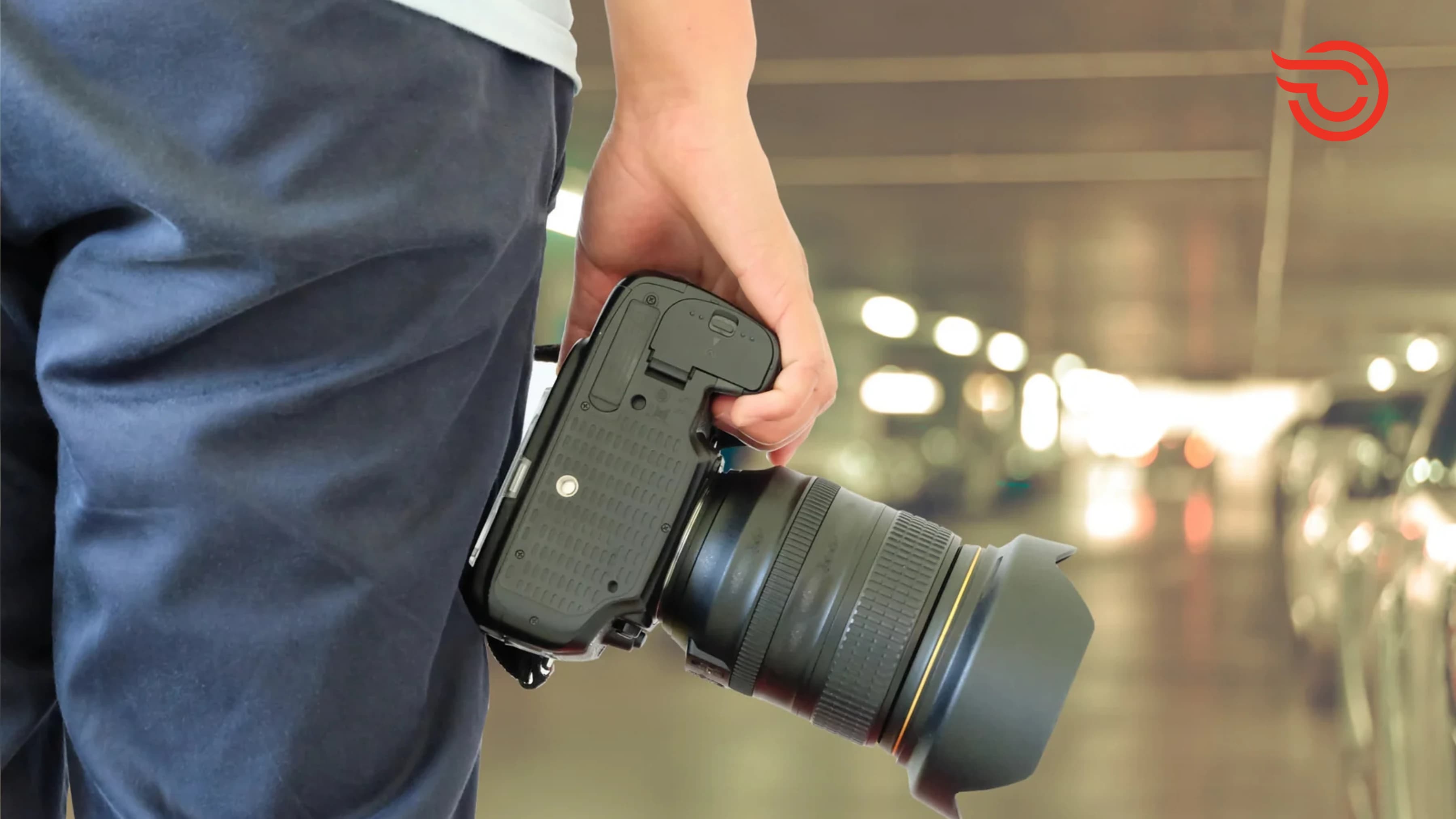 Photographer holding a camera in a car showroom with the red OnlyCars logo